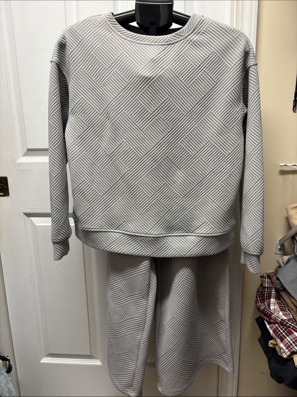 Textured Knit Crewneck 2 Piece Wide Leg Set in Light Gray Small